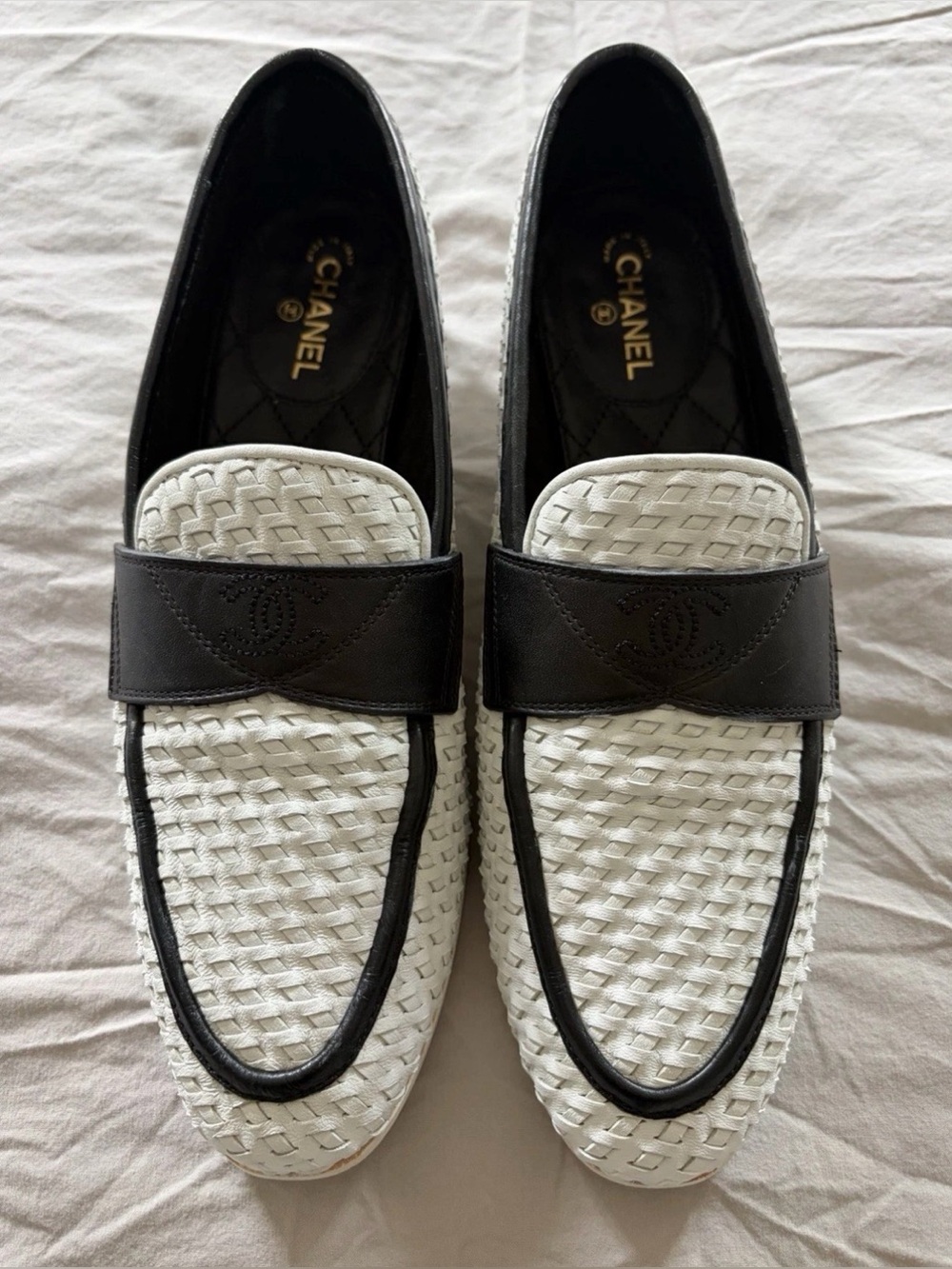 CHANEL CC Penny Loafers Womens White Black Woven Leather Slip On Shoes Size 38C
